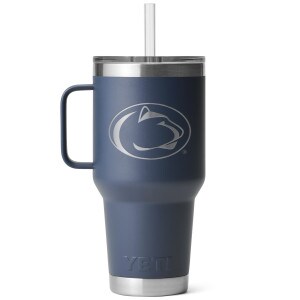 Yeti Rambler 35oz navy mug with straw lid and Penn State Athletic Logo